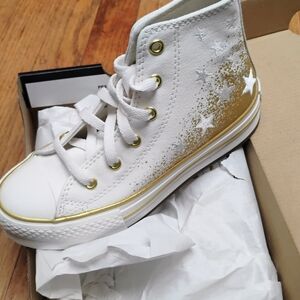 Converse Youth 1 Lift Platform A12878C White and Gold Star Sneakers